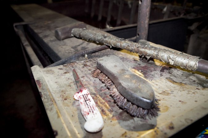 Knife and sledgehammer in slaughter room