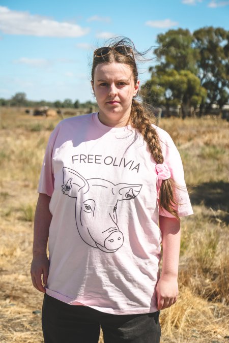 Animal activists asking for the release of Olivia (sow 8416) at Midland Bacon in Victoria