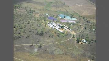Aerial view from helicopter in daytime - Australian pig farming - Captured at Brentwood Piggery, Kaimkillenbun QLD Australia.