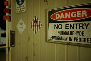 Danger sign - no entry - formaldehyde fumigation in progress - Captured at SBA Hatchery, Bagshot VIC Australia.