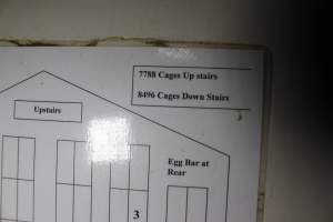 Signage with diagram and numbers of cages - 7788 cages up stairs, 8496 cages down stairs - Captured at Henholme Battery Hen Farm, Buchanan NSW Australia.