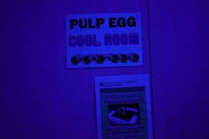 Sign: Pulp Egg Cool Room - Captured at SBA Hatchery, Bagshot VIC Australia.