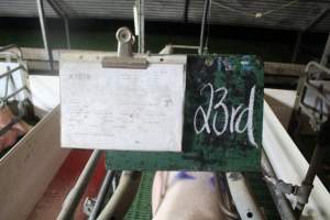 Clipboard of the sows details - Captured at Glasshouse Country Farms, Beerburrum QLD Australia.